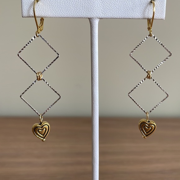 HAND CRAFTED EARRINGS Silver Plated Geometric Gold Plated Hearts - Picture 4 of 11